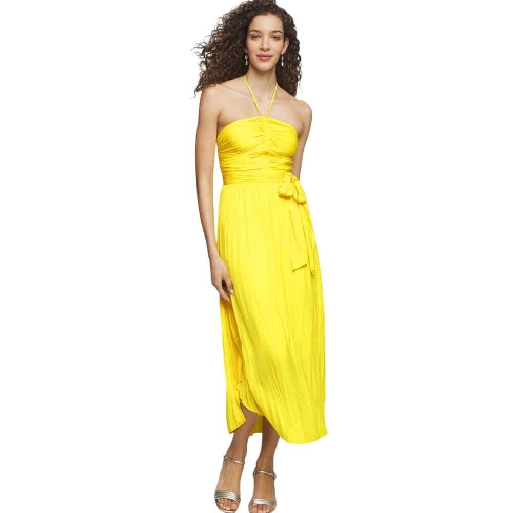 White House Black Marker Yellow Strapless Pleated Tie Waist Midi Dress 8